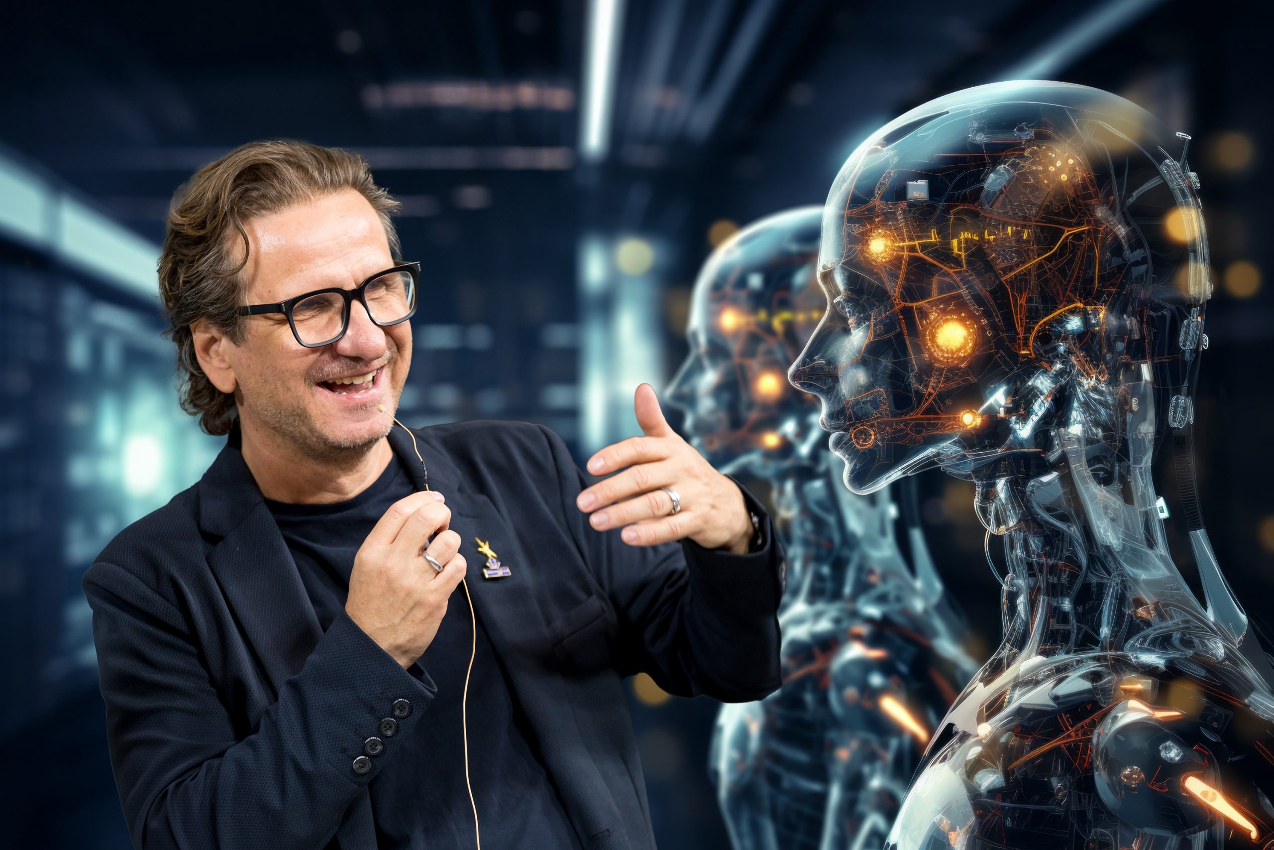 Woman opposite AI. The concept of confrontation between humanity and artificial intelligence